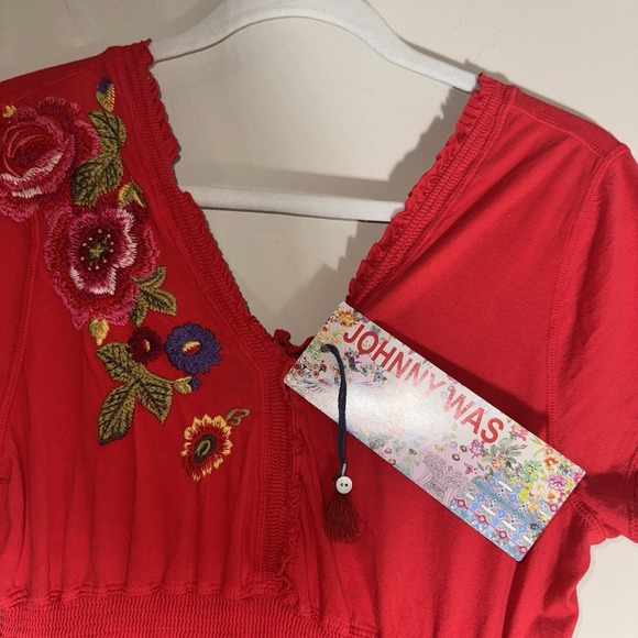NWT Johnny Was Embroidered Cotton Dress Red MEDIUM Boho Babydoll Tier - Picture 9 of 16